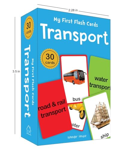 Blue box of 30 transport flash cards with images of vehicles.