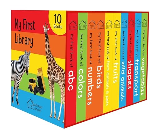 A box set of ten colorful children's books featuring a zebra and a giraffe.