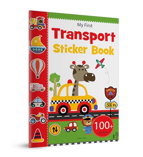 Children's sticker book cover with colorful transport illustrations and a giraffe.