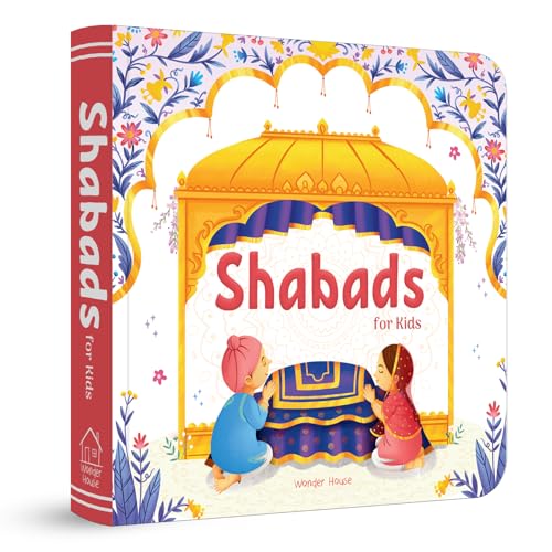 A children's book cover titled Shabads for Kids featuring two children praying before a shrine.