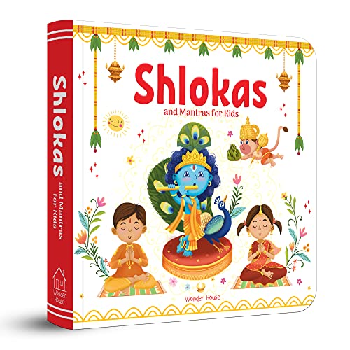 A book cover featuring Lord Krishna, Hanuman, and children meditating with traditional Indian decorations.