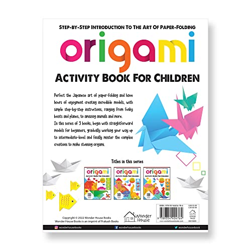 Back cover of an origami activity book for children featuring colorful paper-folded animal models.