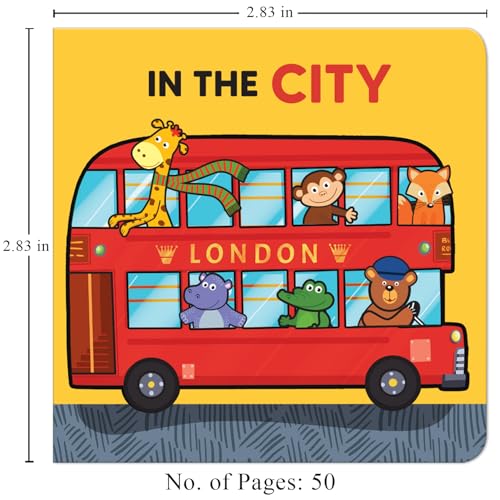 Red double-decker bus with animal passengers, labeled "In the City" and "London".