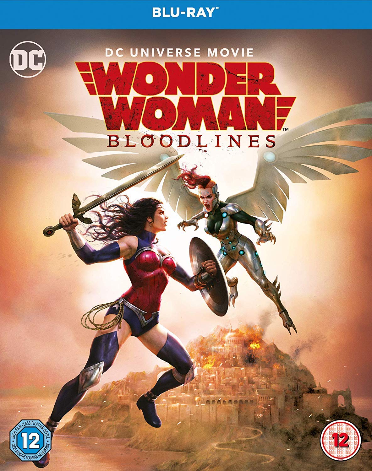"Blu-ray cover featuring Wonder Woman and another female character in mid-air combat."