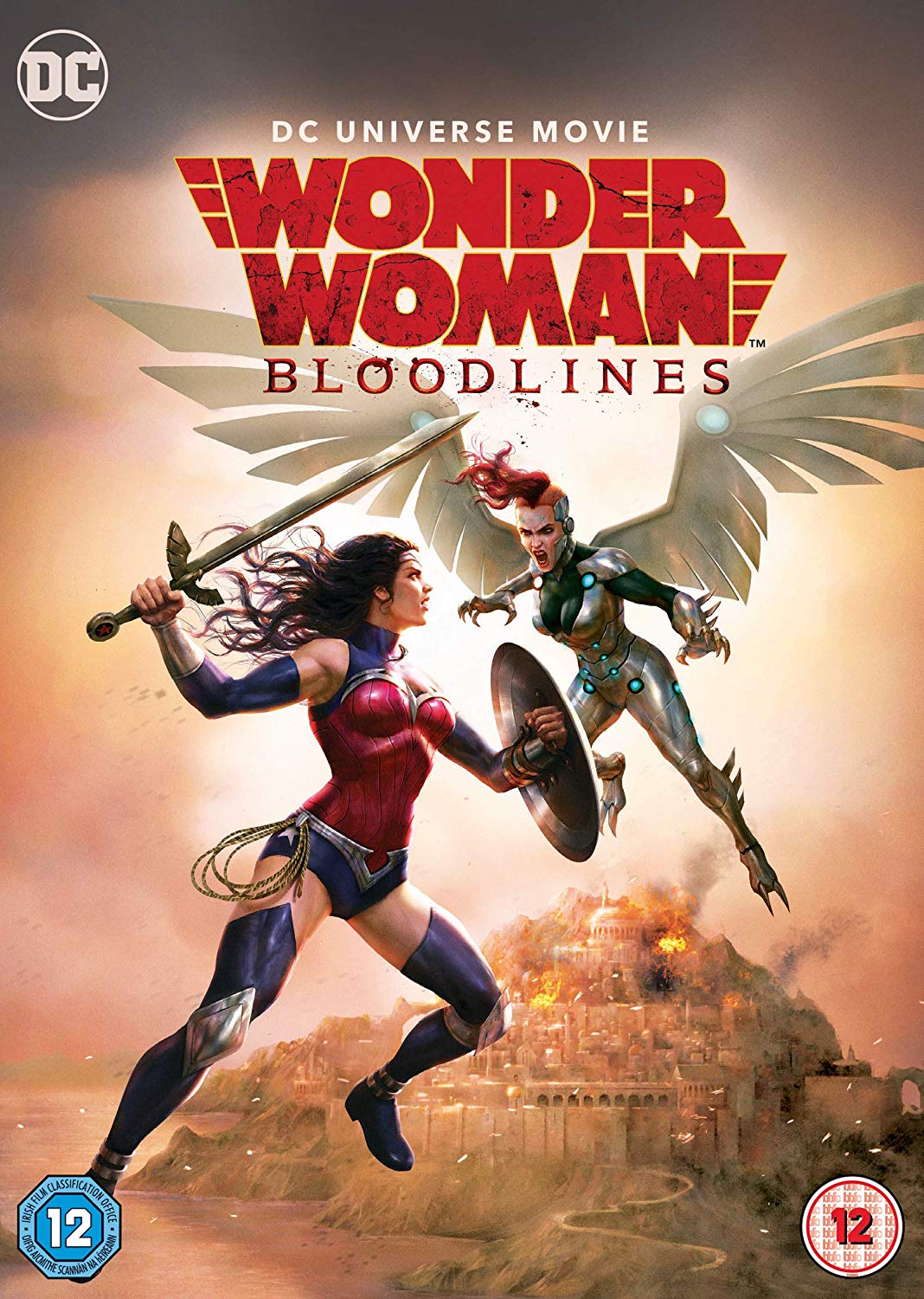 "Wonder Woman Bloodlines DVD cover featuring Wonder Woman and another female character in mid-air."