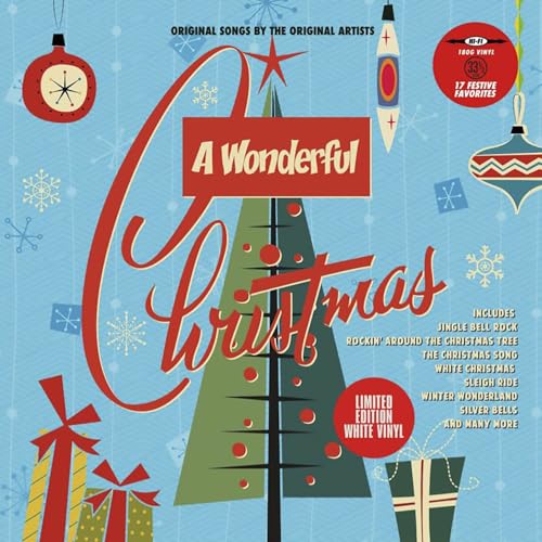 Christmas album cover with a green tree, red script, and festive ornaments.