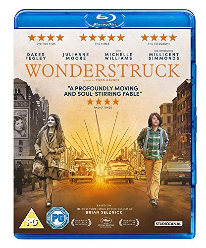Blu-ray cover for Wonderstruck showing a young girl and boy on a city street.