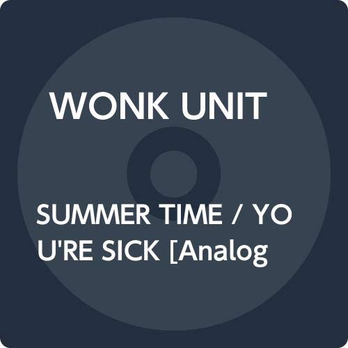 Dark blue vinyl record label with white text reading Wonk Unit Summer Time You're Sick.