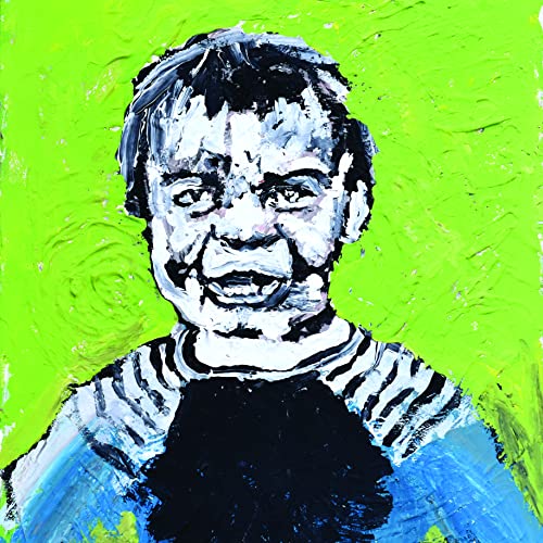 Painted portrait of a young boy with textured green background.