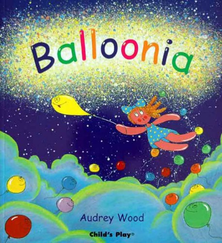 Child flying with a yellow balloon amidst colorful clouds and balloons.