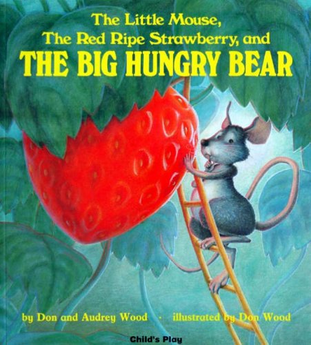 Mouse climbing a ladder towards a large strawberry, with green leaves.
