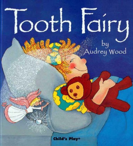 Sleeping child with teddy bear and tooth fairy collecting tooth under pillow.