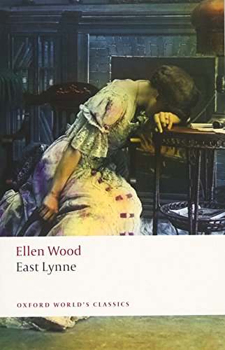 Book cover: woman in a dress kneeling by a table, "East Lynne.