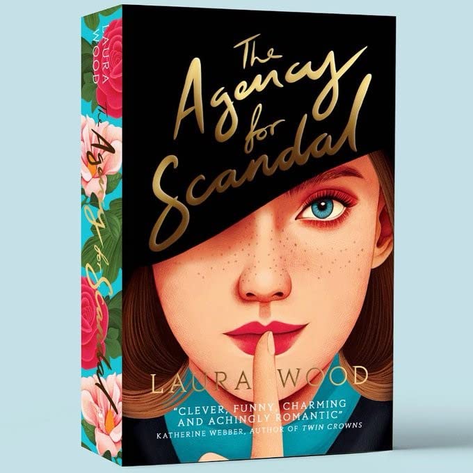 Book cover featuring a woman with a finger to her lips, pink flowers.