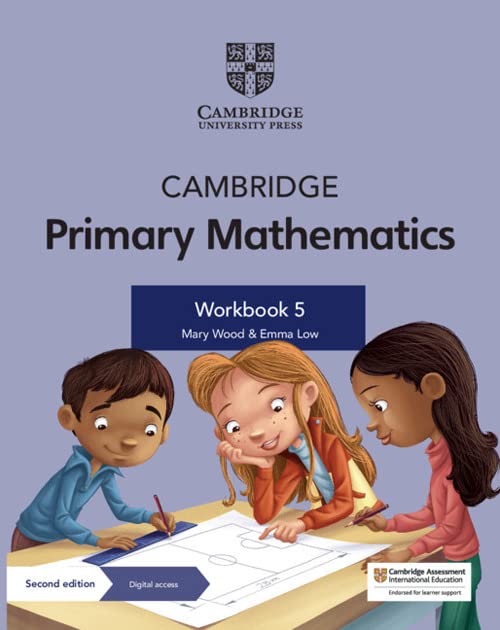 Cambridge Primary Mathematics Workbook 5 cover featuring three children drawing on a large paper.