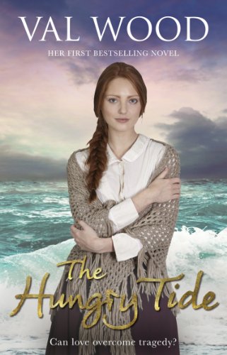Book cover: woman by ocean, title “The Hungry Tide” in gold script.