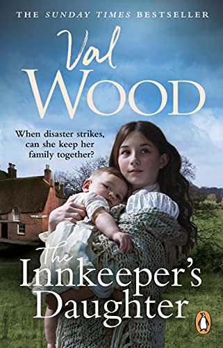 Book cover: young woman holding a baby, rural landscape background.
