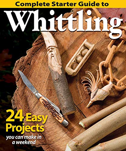 Book cover showing a whittling knife, carved wooden figures, and sticks on a log.