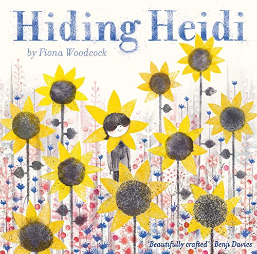 A child wearing a sunflower costume hides among many sunflowers in this illustrated book cover.