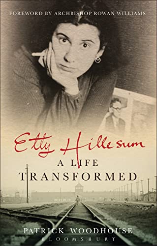 Book cover featuring a portrait of Etty Hillesum above train tracks leading to a camp.