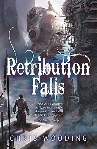Book cover: airship over a ruined city, figure standing on balcony.