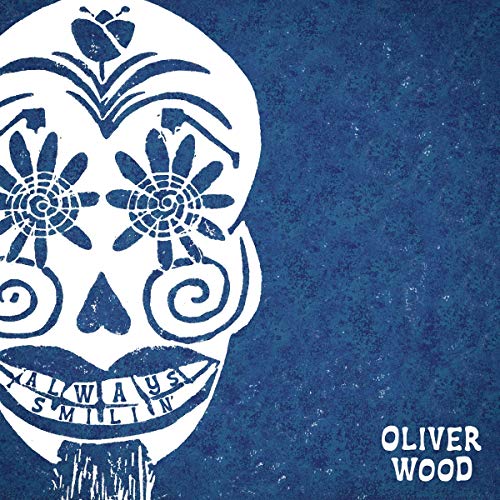 Blue and white skull illustration with floral details and text “Always Smilin’”.