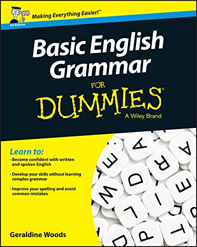 Book cover: “Basic English Grammar For Dummies” with letter tiles.