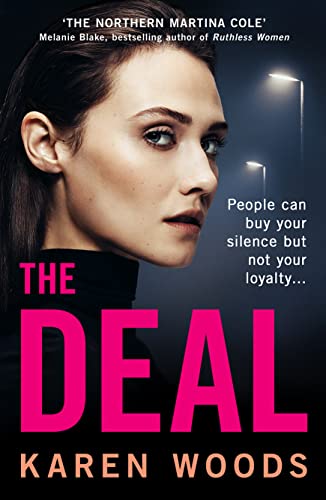 Book cover: woman’s face, dark background, pink title “The Deal.”