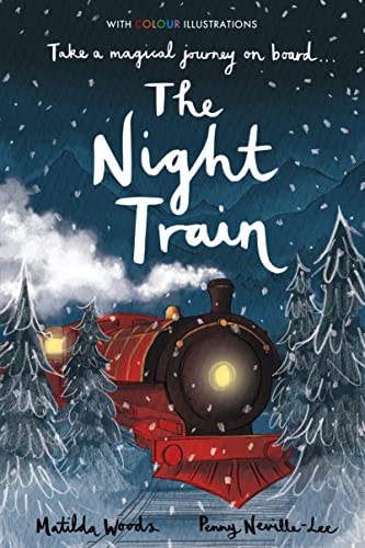 A red steam train travels through a snowy forest at night on this book cover.