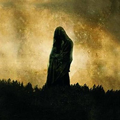 Hooded figure stands silhouetted against a dark, textured, golden background.