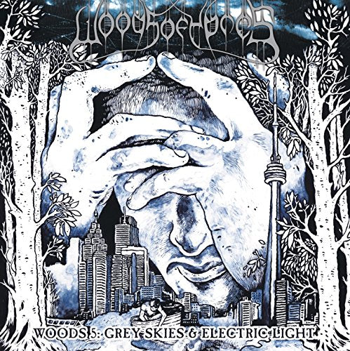 Black and white album cover with a face and city skyline.