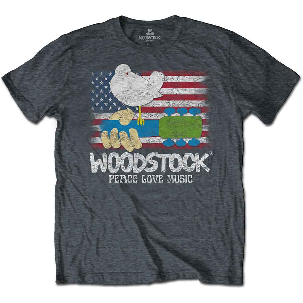 Military green t-shirt with Woodstock logo featuring a dove and flag.