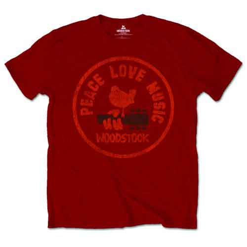 Red t-shirt with Woodstock logo featuring a dove and guitar.