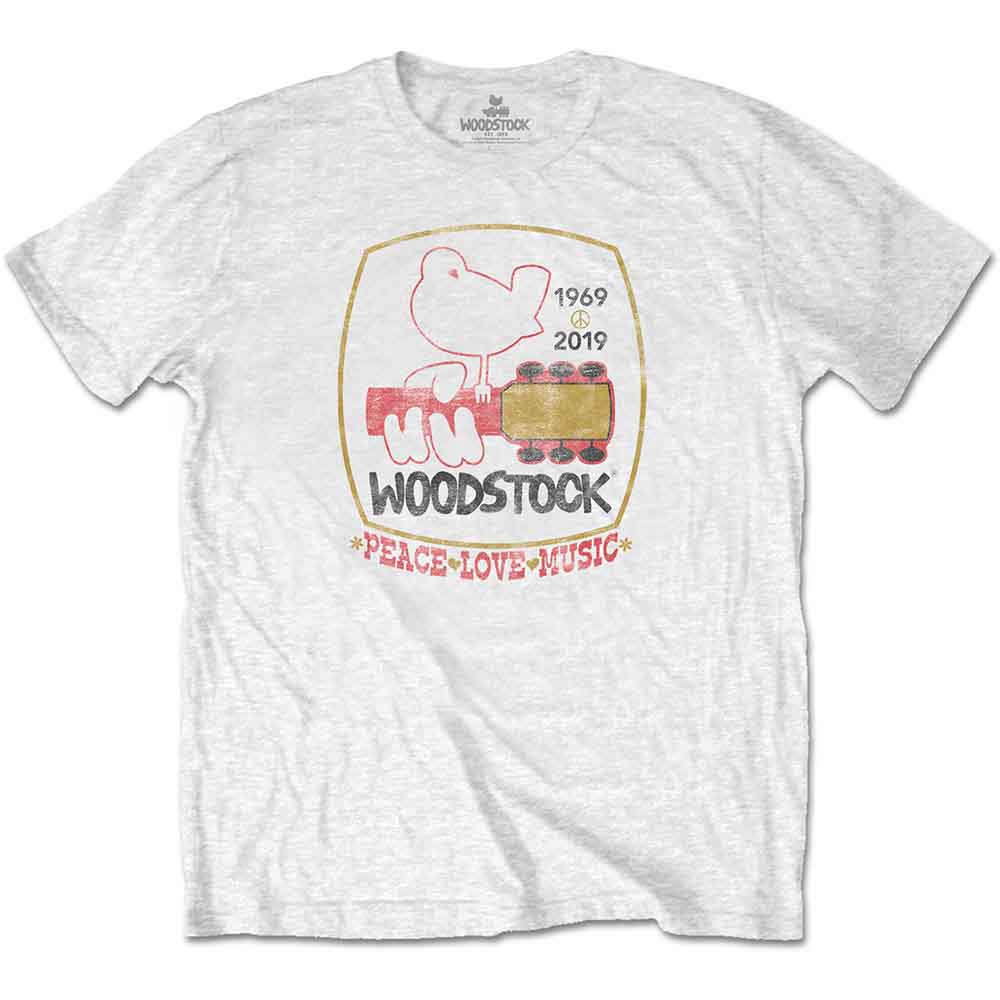 White Woodstock t-shirt with a Snoopy graphic and festival dates.