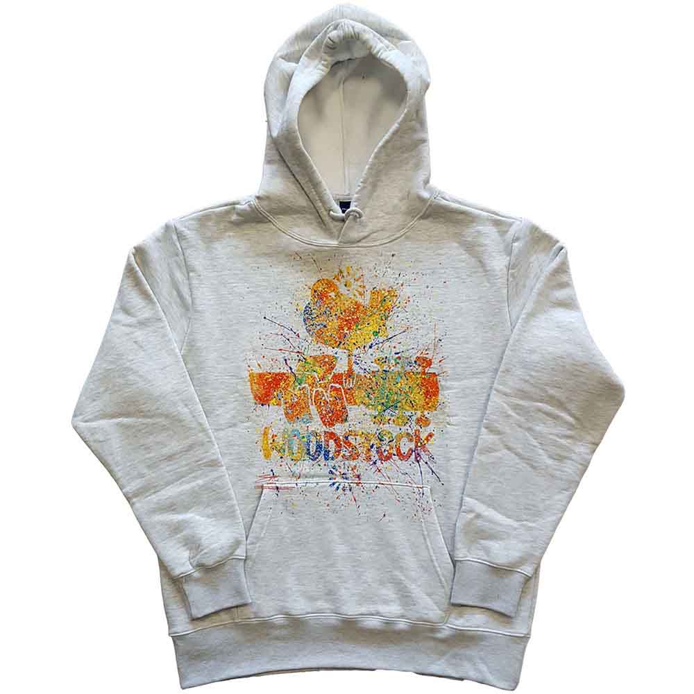 Off-white hoodie with colorful splatter Woodstock logo graphic.