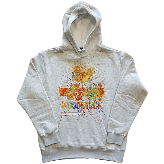 Off-white hoodie with colorful splatter Woodstock logo graphic.