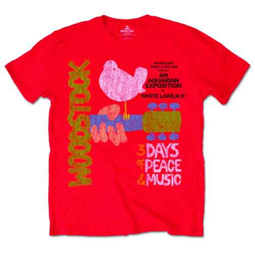 Red t-shirt with a vintage Woodstock poster graphic featuring a dove.