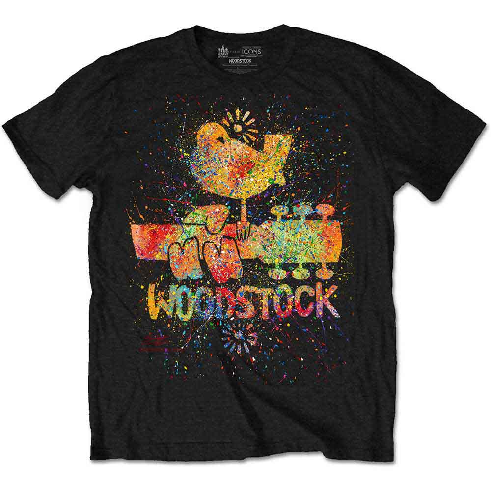 Black t-shirt with a colorful, splattered Woodstock and "Woodstock" text design.