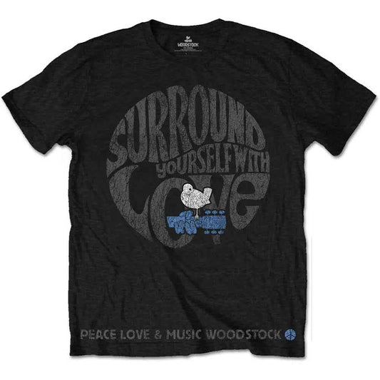 Dark gray t-shirt with "Surround Yourself With Love" graphic, worn by a man.