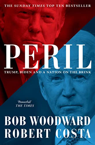 Book cover: "Peril" by Bob Woodward, featuring portraits of Trump and Biden.