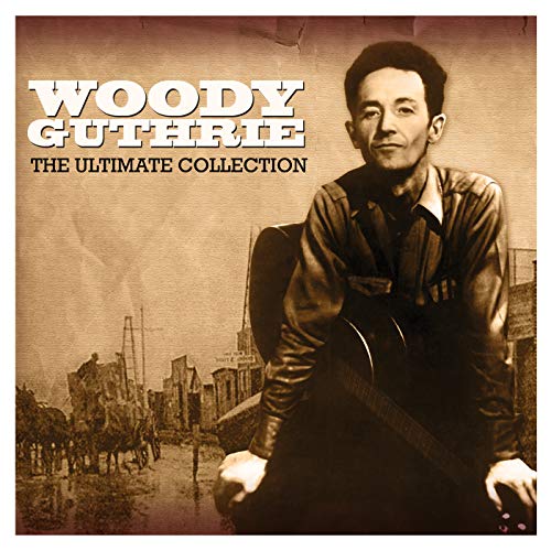 Woody Guthrie album cover featuring a sepia-toned portrait and guitar.