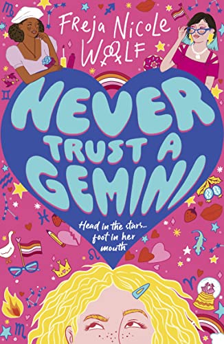 Book cover: "Never Trust a Gemini" with illustrated women and zodiac symbols.