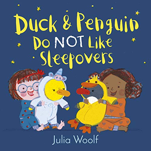 Two children in pajamas hold a duck and a penguin against a starry background.