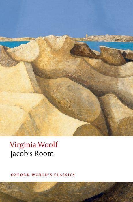 Book cover: "Jacob's Room" by Virginia Woolf, with coastal landscape.