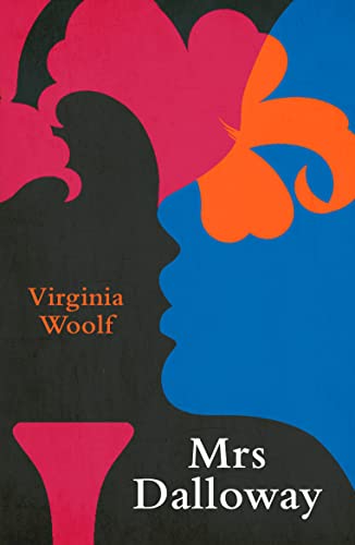 Book cover for "Mrs Dalloway" with abstract faces and a flower.
