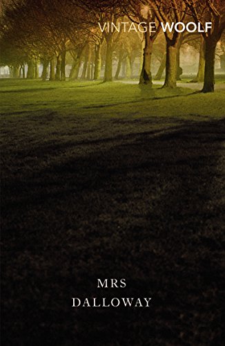 The image depicts a book cover with a serene park scene. "Mrs Dalloway" book cover: misty park with trees, grass, and shadows.