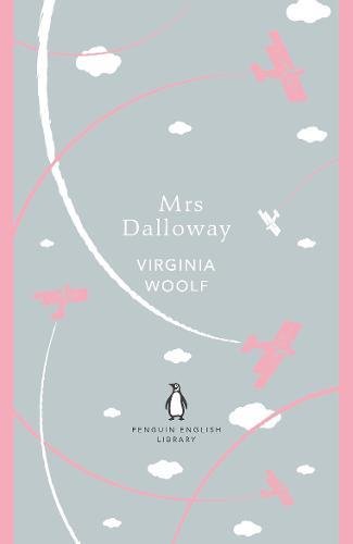 Book cover of "Mrs Dalloway" by Virginia Woolf, grey with pink and white planes.