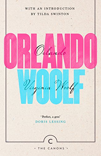 Book cover for "Orlando" by Virginia Woolf, with pink and blue text.