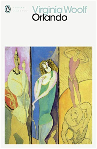 Book cover for Orlando by Virginia Woolf featuring a triptych of stylized figurative paintings.