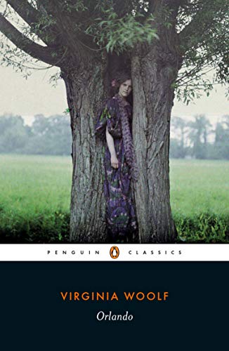 "Book cover of 'Orlando' by Virginia Woolf, featuring a woman in a tree."